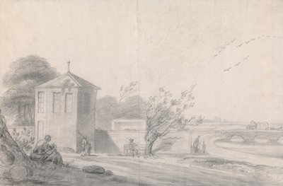 Scène au bord de la rivière avec des figures, bâtiment hexagonal à gauche et chariot tiré par des chevaux traversant le pont à droite - Richard Wilson